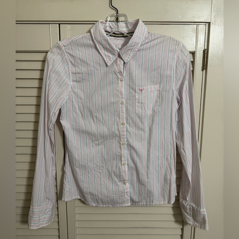 Cute Justice light pink, blue and white collar button down top.